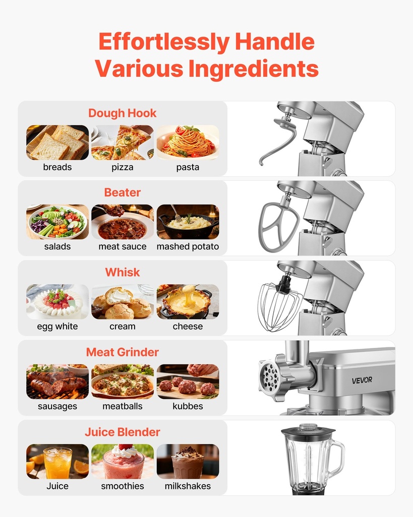 Mixer Electric VEVOR 1300W – Robot Bucătarie Profesional cu Bol 4.3L și Blender Integrat