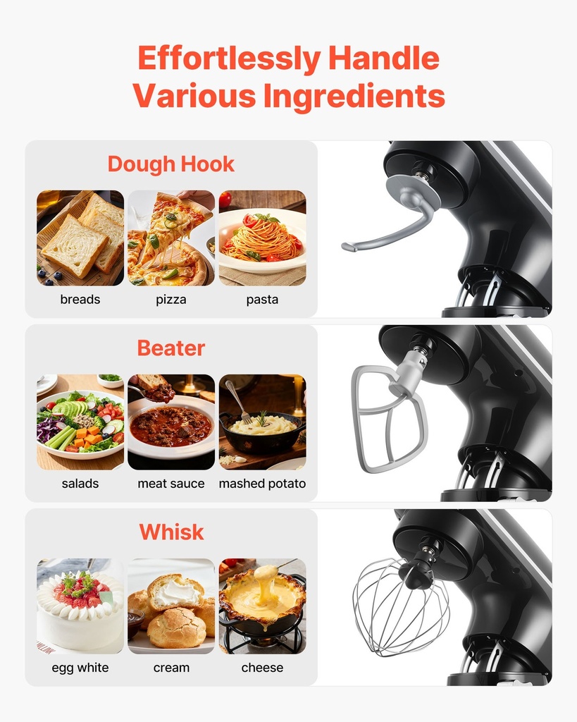 Mixer Planetar 6L VEVOR, 1400W, 6 Viteze + Funcție Impuls, Cu Bol Inox și Accesorii Complete