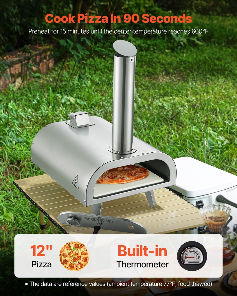 Cuptor Pizza Portabil VEVOR 12″ – Inox, cu Termometru, Ideal pentru Grădină și Camping
