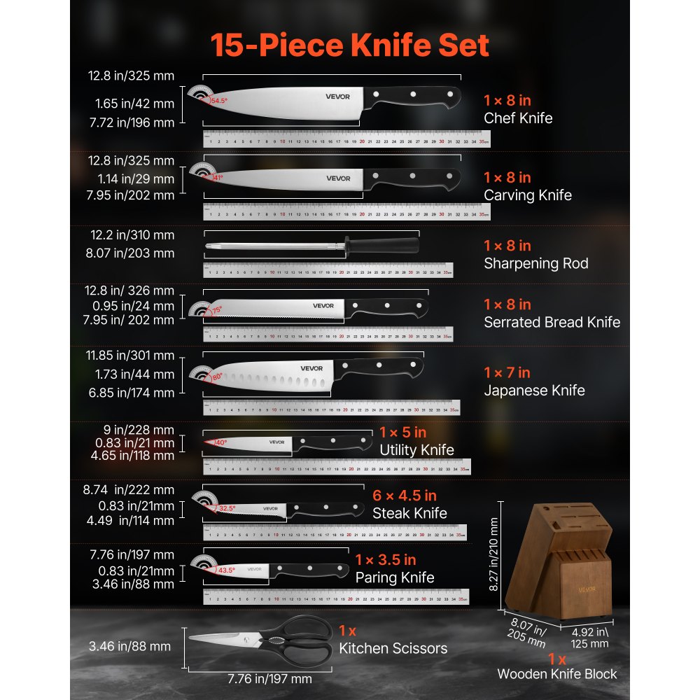 Set 15 Cuțite Bucătărie Oțel German + Bloc Lemn + Ascuțitor