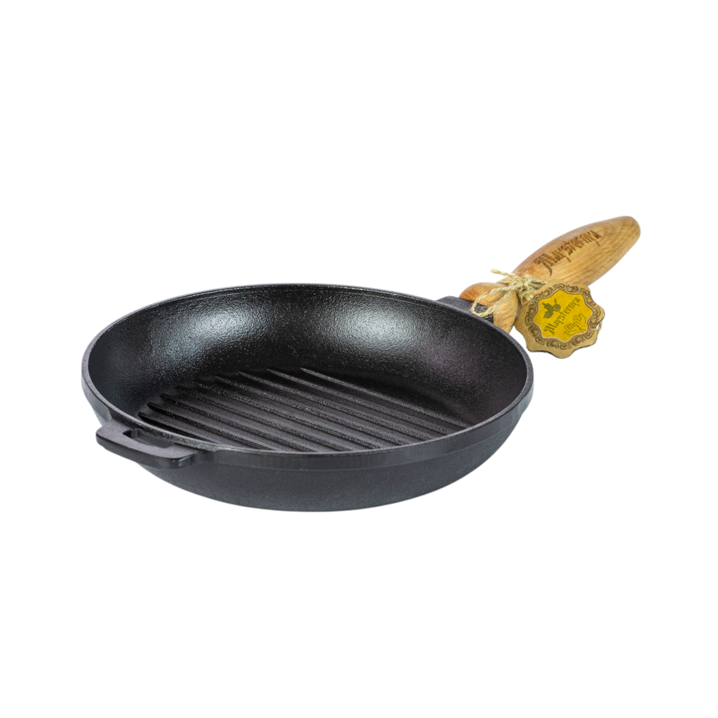 [MAY.0010] Gratar din fonta rotund, 24 x  4 cm, cu maner din lemn