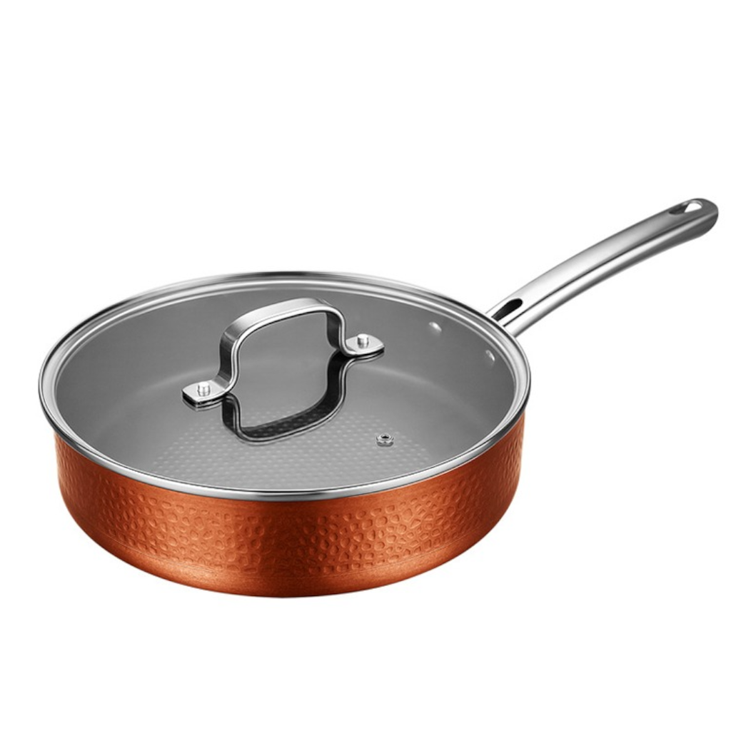 [BSH.0070] Tigaie cu maner de inox, 28 cm, cu finisaj gen cupru antichizat - lovitura de ciocan, cu capac de sticla